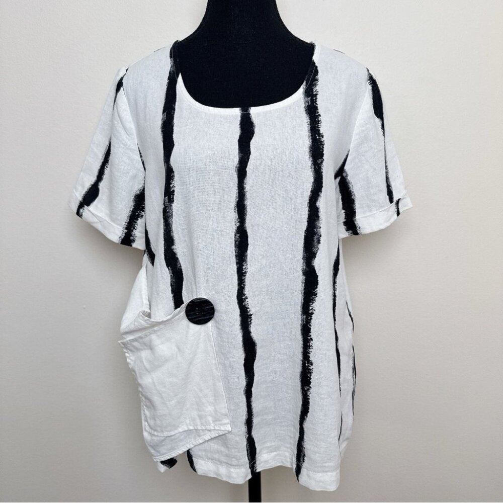 Compli K Womens Small Linen Striped Short Sleeve Lagenlook Patch Pocket Top